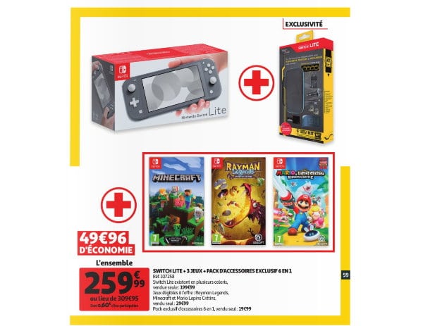 Nintendo Switch Lite + 3 jeux + pack d’accessoires à 259,99 € sur Auchan