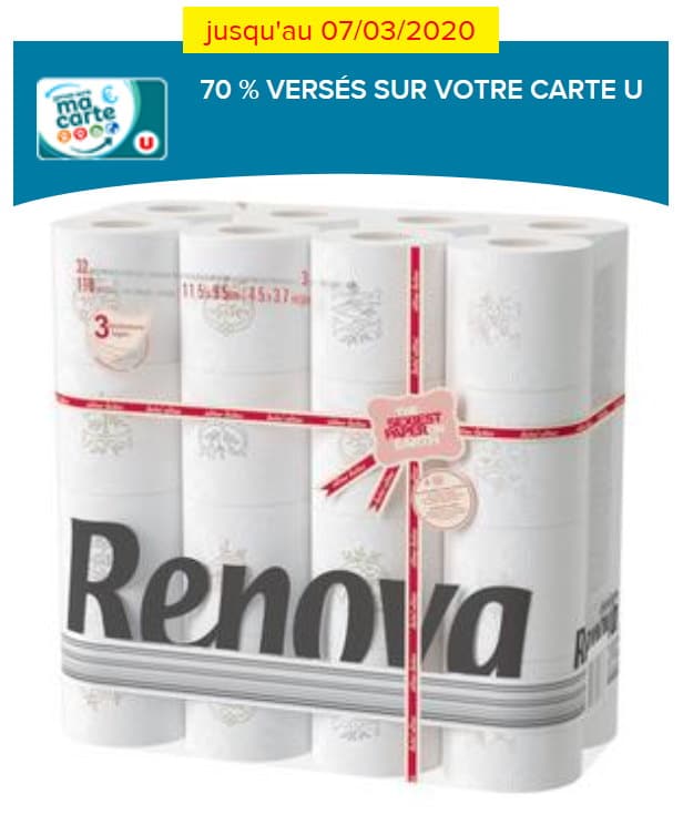 Le paquet de 32 rouleaux de papier toilette Renova à 2,54 € avec la carte Super U