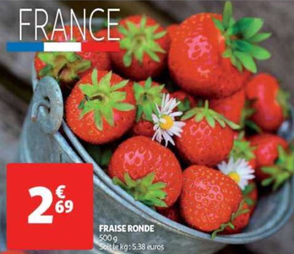 Barquette de 500 g de fraises rondes à 2,69 € chez Auchan