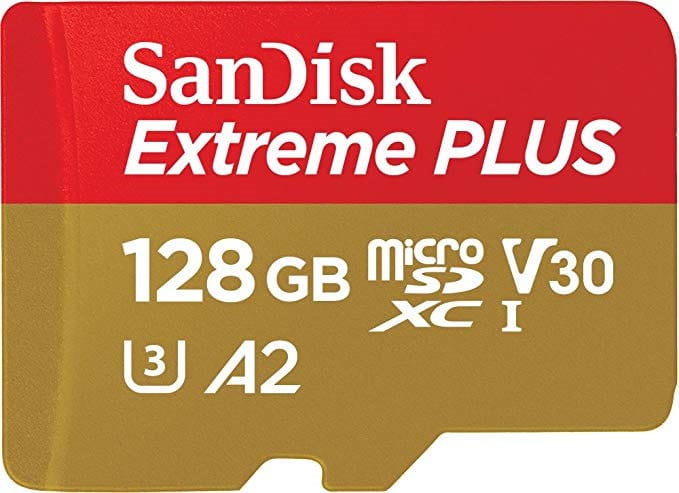 Carte Mémoire Extreme Plus MicroSD SanDisk 128 GB + adaptateur à 27,99 € sur Amazon