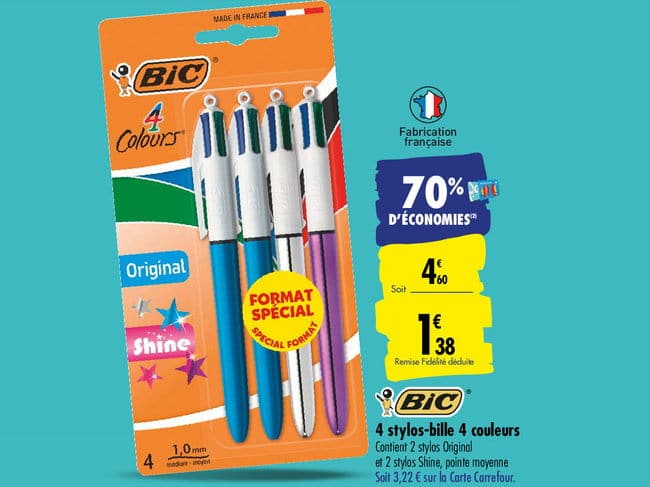 4 stylos-bille Bic 4 couleurs à 1,38 € avec la carte Carrefour 
