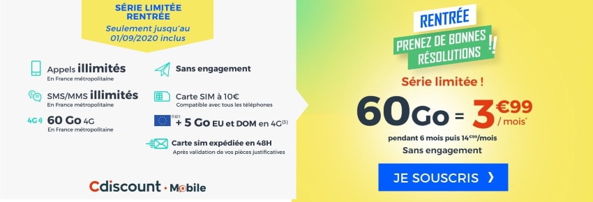 Forfait Cdiscount Mobile 60 Go à 3,99 € par mois pendant 6 mois sans engagement