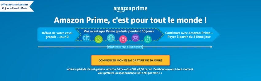 Essai gratuit de 30 jours pour Amazon Prime