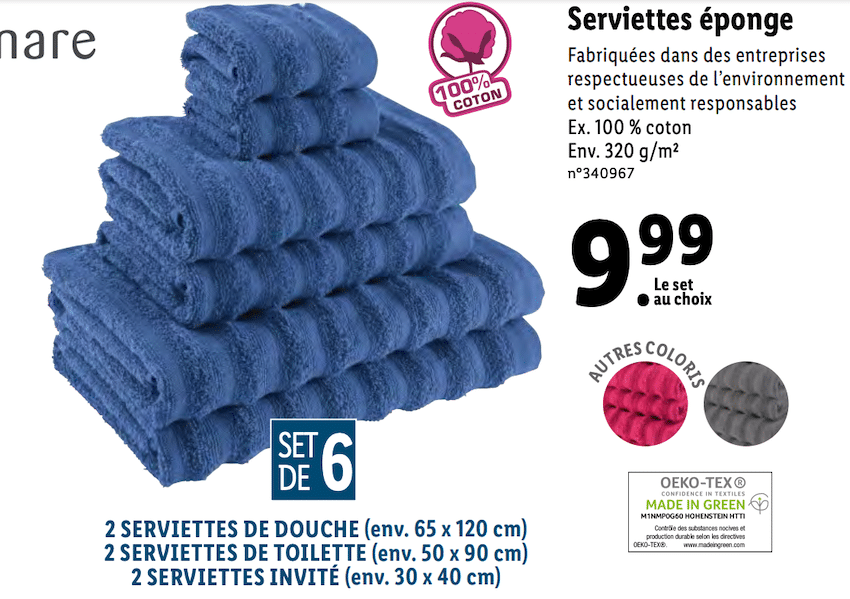 Lot de 6 serviettes éponge 100 % coton à 9,99 € chez Lidl