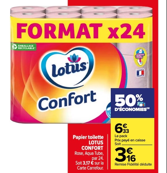 Lot de 24 rouleaux de papier toilette Lotus Confort Aqua Tube à 3,16 € chez Carrefour