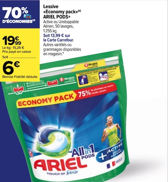 50 capsules de lessive Ariel Pods+ Economy Pack à 6 € via remise fidélité chez Carrefour