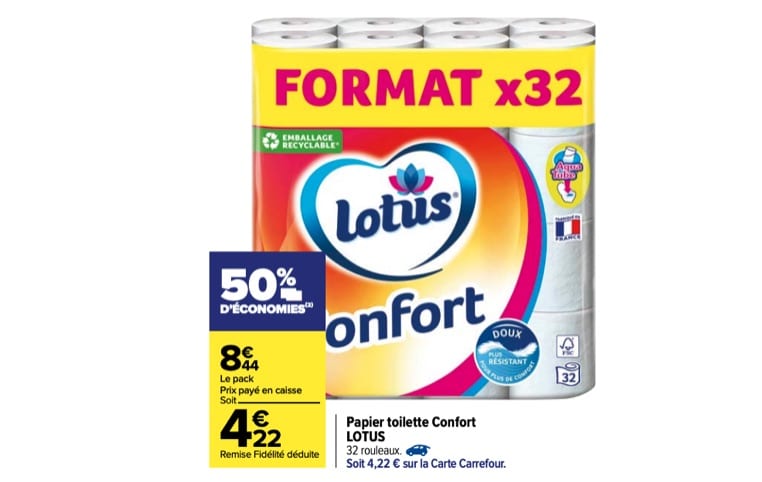 32 rouleaux de papier toilette Lotus Confort à 4,22 € via remise fidélité chez Carrefour