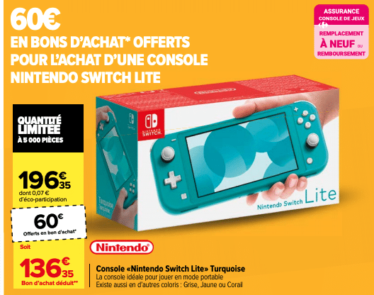 Nintendo Switch Lite à 136,35 € via bons d’achat chez Carrefour