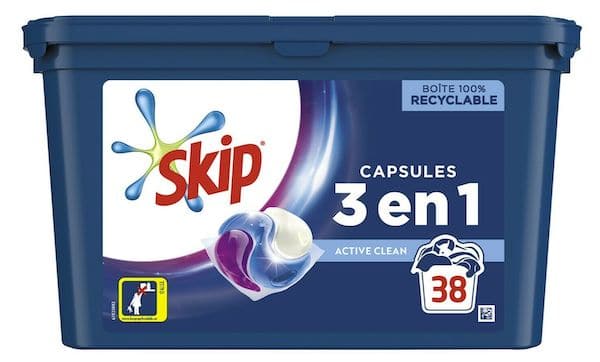 38 dosettes de lessive Skip 3 en 1 à 2,35 € via remise fidélité chez Carrefour