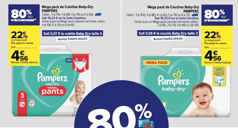 80 % de remise fidélité sur les packs de couches et culottes Pampers Baby-Dry chez Carrefour