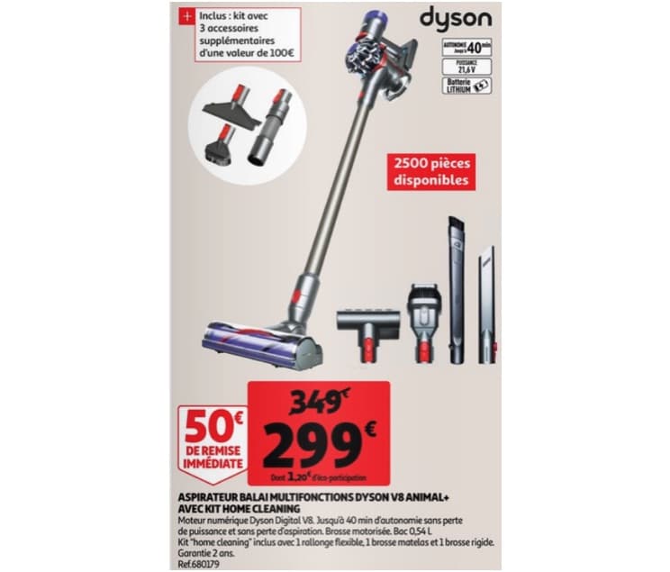 Aspirateur balai Dyson V8 Animal + kit Home Cleaning à 299 € chez Auchan