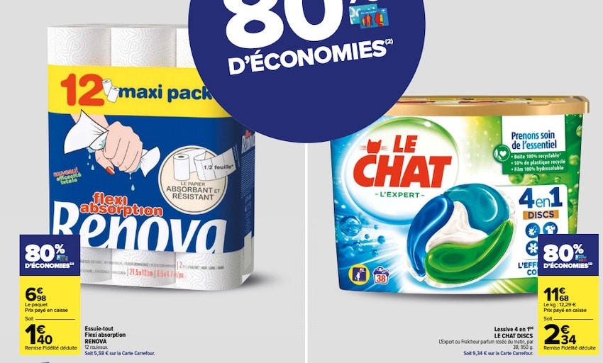 80 % de remise fidélité sur 4 produits chez Carrefour