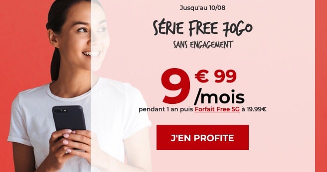 Forfait Free Mobile 70 Go à 9,99 € par mois pendant un an sans engagement