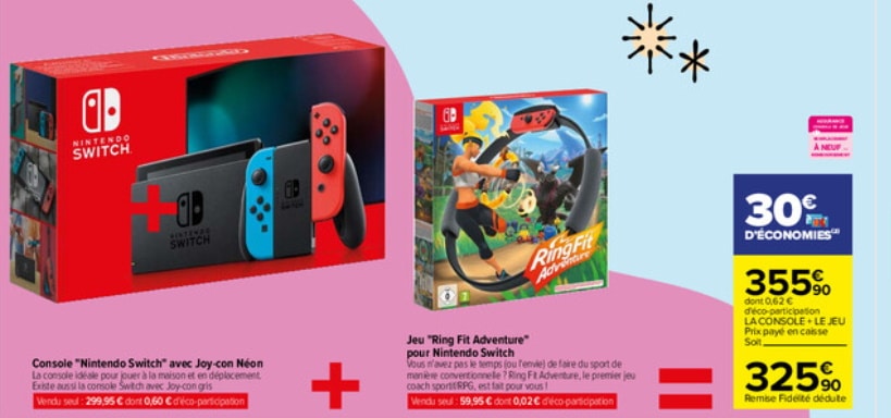 La console Nintendo Switch avec Joy-con Néon + Jeu "Ring Fit Adventure" à 325,90 € avec la carte Carrefour