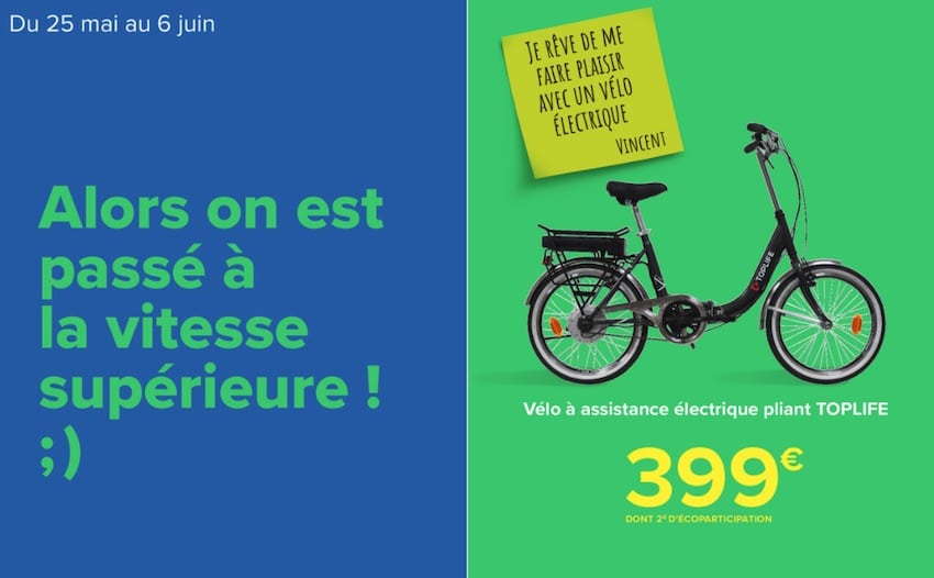 Vélo à assistance électrique pliant TOPLIFE à 399 € chez Carrefour