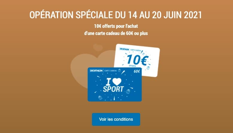 10 € offerts pour l’achat d’une carte cadeau de minimum 60 € chez Decathlon