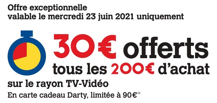 30 € offerts par tranche de 200 € dépensés rayon TV Vidéo sur Darty