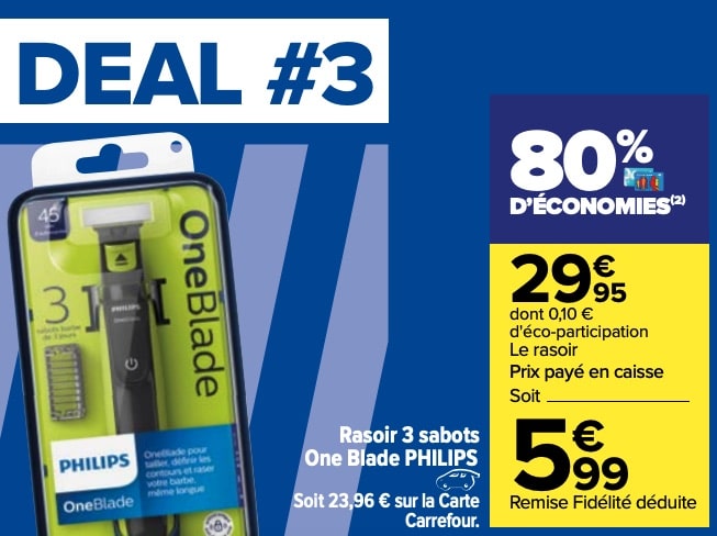 Rasoir 3 sabots Philips OneBlade à 5,99 € via remise fidélité chez Carrefour