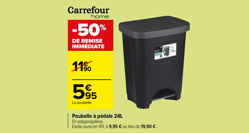 Poubelle à pédale 24 litres à 5.95 € chez Carrefour Market