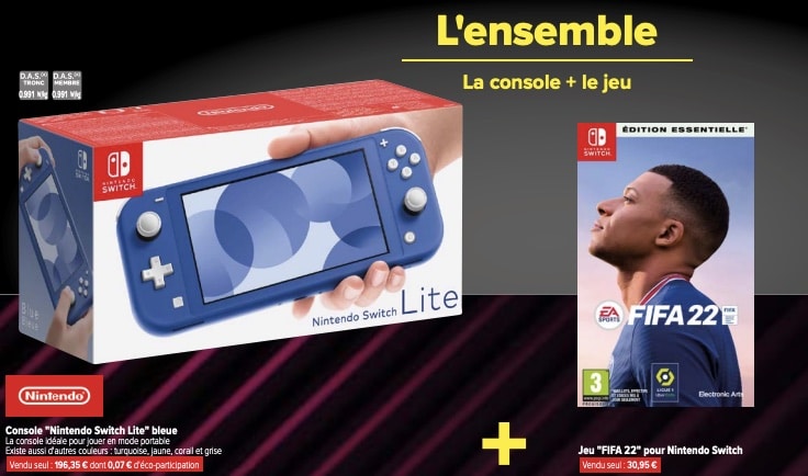 Nintendo Switch Lite + Fifa 22 à 177,30 € via remise fidélité chez Carrefour