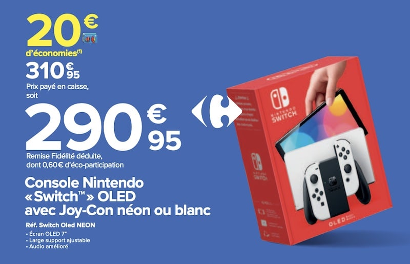 Nintendo Switch OLED à 290,95 € via remise fidélité sur Carrefour