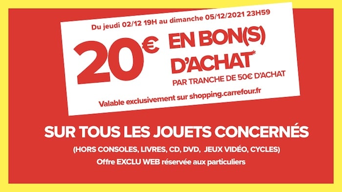 20 € en bon d’achat par tranche de 50 € dépensés en jouets chez Carrefour