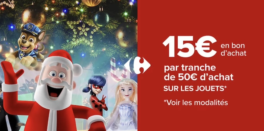 15 € offerts en bons d’achat par tranche de 50 € dépensés en jouets chez Carrefour