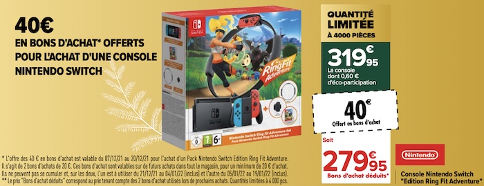 Nintendo Switch Édition Ring Fit Adventures à 279,95 € via bon d’achat chez Carrefour
