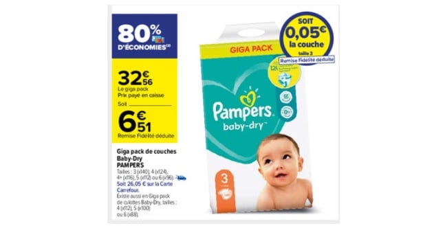 Giga pack de couches Pampers Baby-Dry à 6,51 € via remise fidélité chez Carrefour