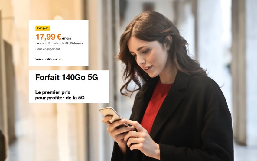 Forfait mobile Orange 140 Go 5G sans engagement à 17,99 € par mois pendant 1 an