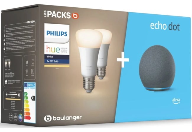 L'assistant Amazon Echo Dot4 + Philips Hue E27 White x2 est à 39,99 € chez Boulanger